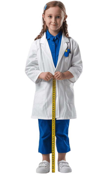 Imagen de una estudiante de básica, con una cinta de medir y una cotona de laboratorio, con los colores de Prodelab.