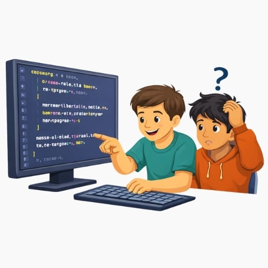 Un estudiante entendiendo lenguaje de programación en código mientras que el otro le cuesta trabajo entenderlo.