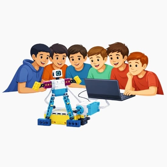 Muchos estudiantes compartiendo un solo robot programable.