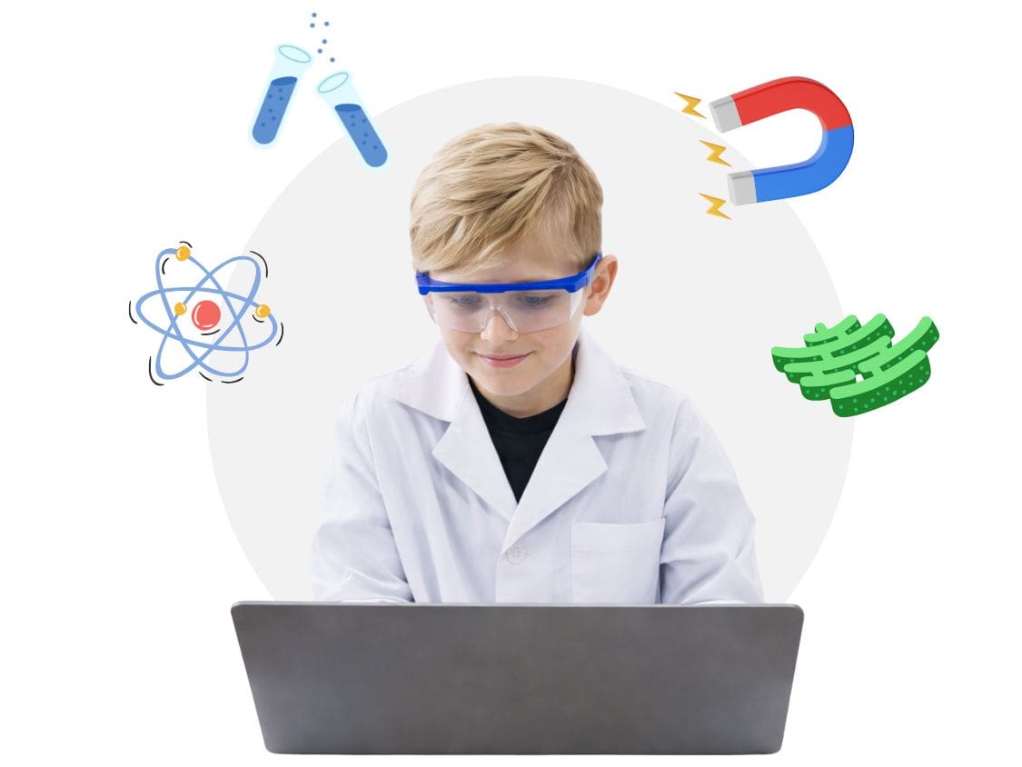 Estudiante utilizando laboratorio virtual STEM en computador portátil durante clase de ciencias